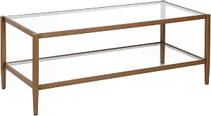 Henn&Hart 45" Wide Rectangular Coffee Table with Glass Shelf in Antique Brass, Co