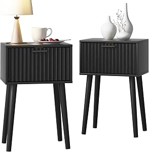 LAATOOREE Nightstands Set of 2, Small Side Table, Bedside Table with Fluted Door, Solid Wo