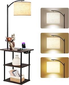 PESRAE Floor Lamp with Table, End Tables with Charging Station(USB & Type-C & AC P