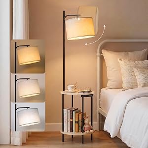 ONEWISH Floor Lamp with Table, USB/Type-C/AC Charging Ports, 9W LED Bulb, Round Table &