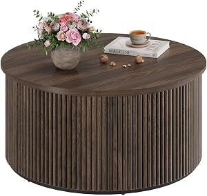 FATORRI Round Coffee Table, Fluted Woodern Center Table, Mid-Century Modern Coffee Tables 