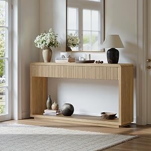 Evermagin 59'' Oak Entryway Table with Drawers, Boho Fluted Console Table, Sofa Table with