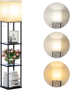 SUNMORY Floor Lamp with Shelves, Modern Square Standing Lamp with 3 Color Temperature Bulb