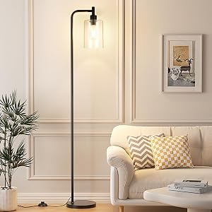 Ziisee Industrial Floor Lamp with Glass Shade - Black, LED Bulbs, Foot Pedal Switch, Easy