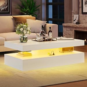 Breezestival 39" High-Glossy LED Coffee Table with 2 Sliding Drawers, Living Room Sto