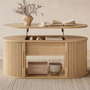 LINSY Lift Top Coffee Table, Oval Fluted Coffee Table with Storage, Boho Wooden Coffee Tab