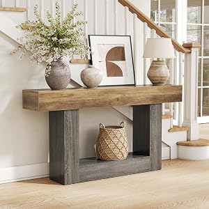 63 Inches Long Console Table, 2-Tier Farmhouse Sofa Table Behind Couch