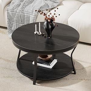 Round Coffee Table, Circle Wood Coffee Tables for Living Room, 2 Tier Industrial Modern Ce