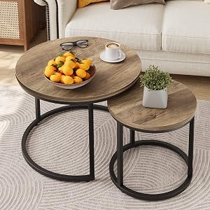 Smuxee Nesting Coffee Table Set of 2, 23.6" Round Coffee Table Wood Grain Top with Ad