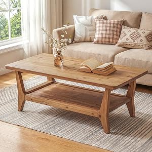 LITTLE TREE Solid Wood Coffee Table, 47-Inch Living Room Center Table with Shelf, 2-Tier,