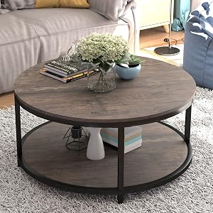 NSdirect Round Coffee Table,36" Coffee Table for Living Room,2-Tier Rustic Wood Deskt