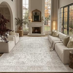 PureCozy 8x10 Area Rug Washable Neutral Beige Vintage Living Room Bedroom Carpet Non Slip